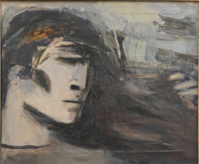 Volto maschile con violino<br>olio su tela<br>60x50   02-1970<br>
				(666)